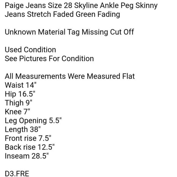 Paige Jeans Size 28 Skyline Ankle Peg Skinny Jeans Stretch Faded Green Fading - Picture 7 of 7
